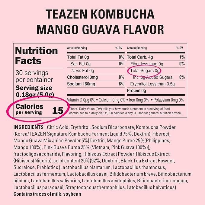 TEAZEN Mango Guava Kombucha Tea, Hydration Drink Mix, Sugar Free, Live Probiotics & Prebiotics, 30