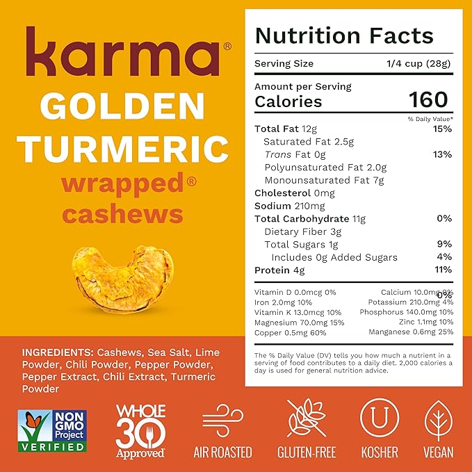Golden Turmeric Wrapped Whole Cashews by Karma Nuts, Air Roasted with Natural Skins, 2X more Fiber