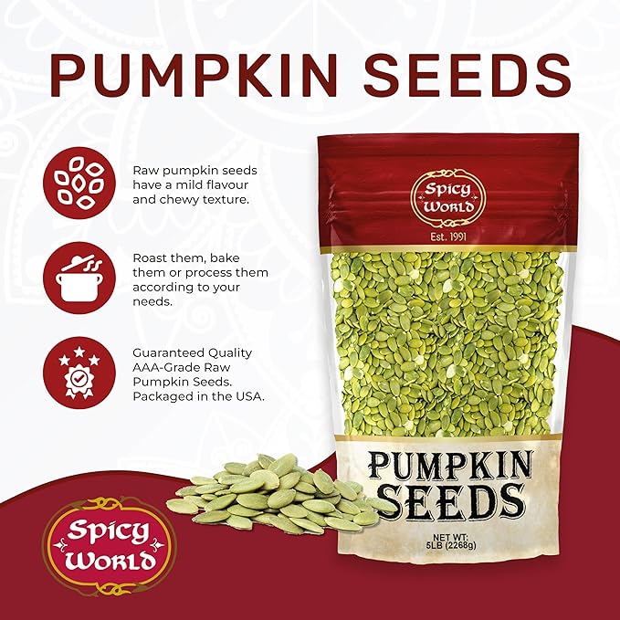 Raw Pumpkin Seeds 5 LB Jumbo Bag - Shelled, AAA Grade, Unsalted, Dry, Vegan, Bulk Bag by Spicy World