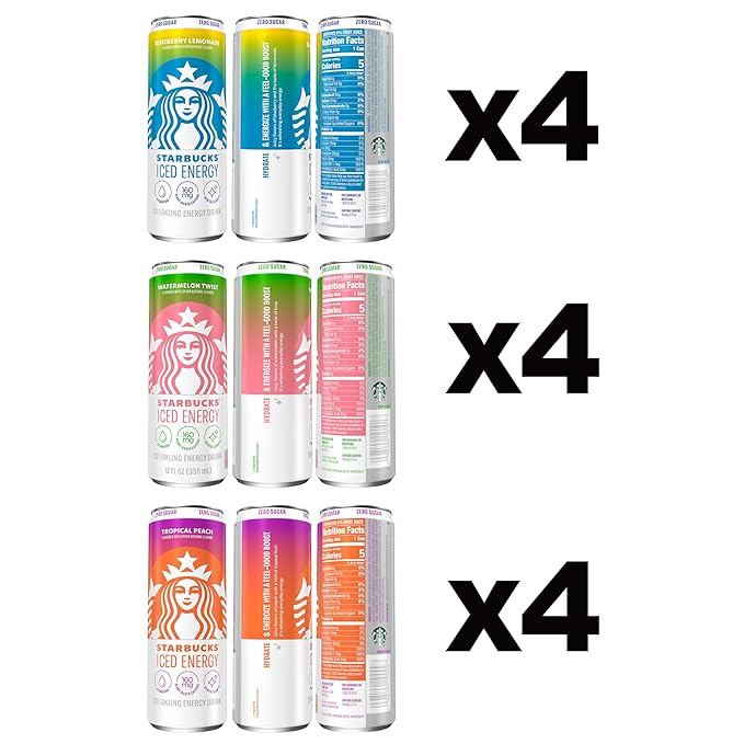 Starbucks Iced Energy Drink, 3 Flavor Variety Pack (Tropical Peach, Watermelon Splash, Blueberry