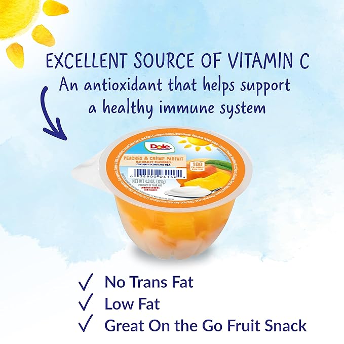Dole Fruit Bowls Low Fat Peaches & Creme Parfait Snacks, 4.3oz 36 Total Cups, Gluten & Dairy Free