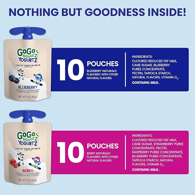 GoGo squeeZ yogurtZ Variety Pack, Blueberry & Berry, 3 oz (Pack of 20), Kids Snacks Made from Real