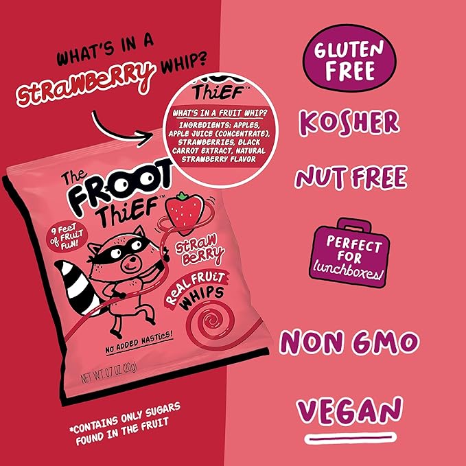 The FROOT Thief Real Fruit Snack Whips, Strawberry, Nut Free, Perfect for School Lunches and