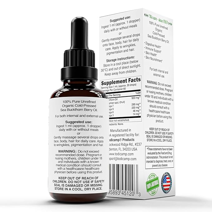 Sea Buckthorn Oil Organic - 2 fl oz Cold-Pressed Sea Buckthorn Berry Oil - Seabuckthorn Oil for