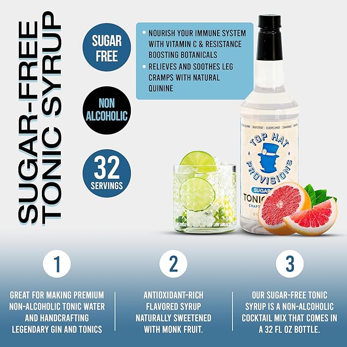 Top Hat Keto Sugar Free Tonic Syrup - 5x Diet Tonic Water Quinine Concentrate - Organic Monk Fruit