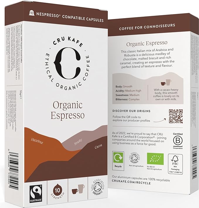 Cru Kafe Strong Espresso USDA Organic Espresso Coffee Capsules (50 Pods) Fairtrade Coffee Pods