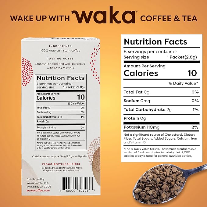 Waka Premium Decaf Instant Coffee Sachets — 100% Arabica Freeze Dried Beans — For Hot or Iced