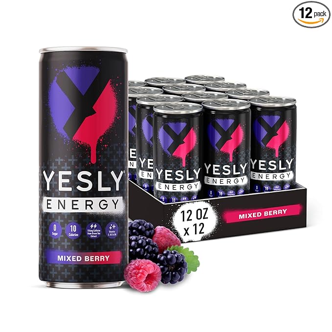 Yesly Energy Drink, Mixed Berry, Naturally Flavored Sparkling Energy Drink With Electrolytes