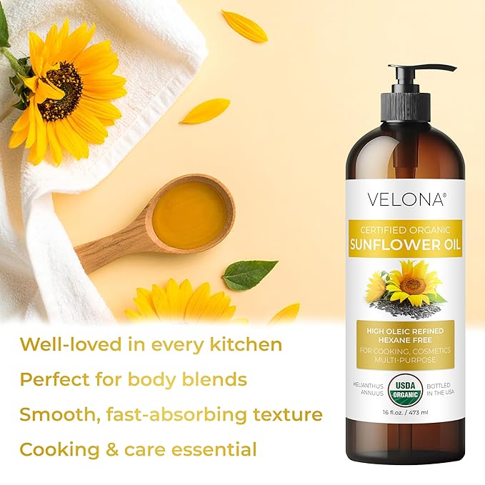 velona USDA Certified Organic Sunflower Oil - 8 Fl Oz | 100% Pure and Natural Carrier Oil | High