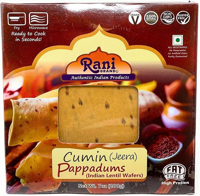 Rani Pappadums (Indian Lentil Wafer Snack) Jeera (Cumin) Papad 7oz (200g) Approximately 15pc, 7