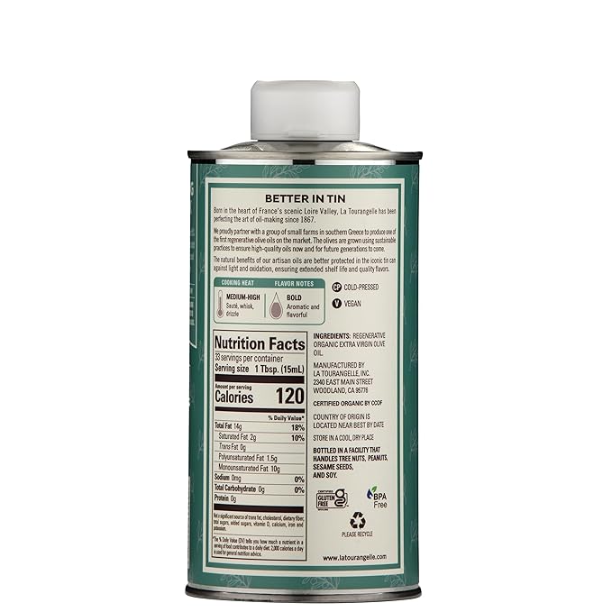 La Tourangelle Regenerative Organic Extra Virgin Olive Oil, Cold-Pressed High Antioxidant Olives