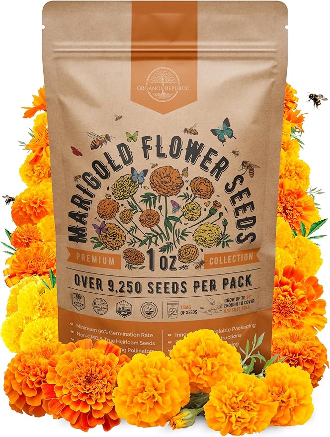 Marigold Seeds Pack 1 oz - Over 9,250 Non-GMO Heirloom Marigold Seeds for Planting Indoor & Outdoor