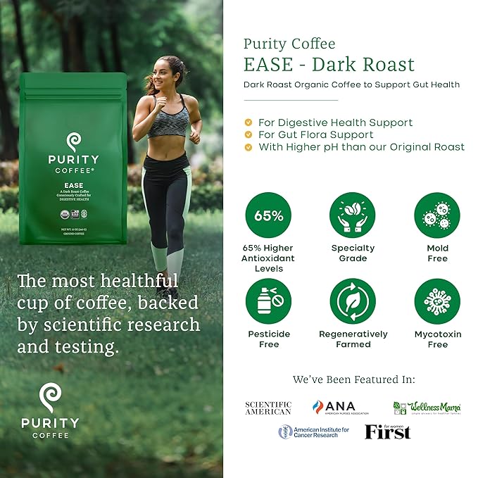 Purity Coffee EASE Dark Roast Ground Coffee for Low Acidity - USDA Organic and Third-Party Tested