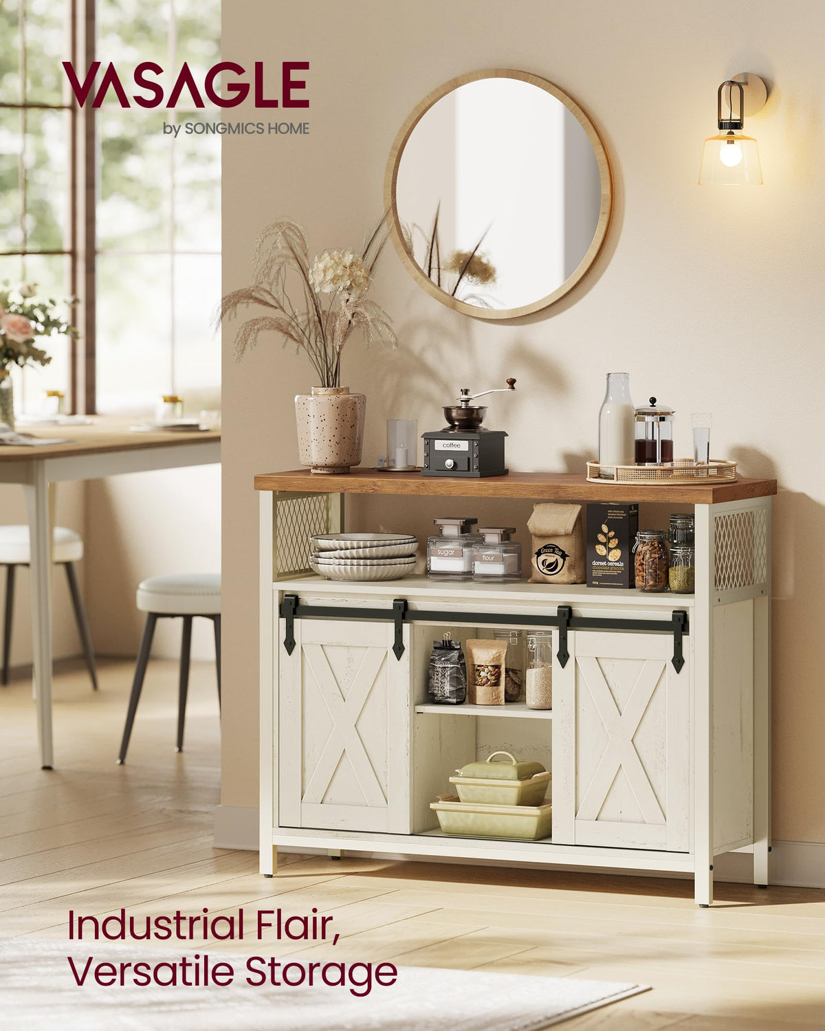 VASAGLE Buffet Cabinet, Coffee Bar Storage Cabinet, Sideboard with 2 Sliding Barn Doors, Adjustable