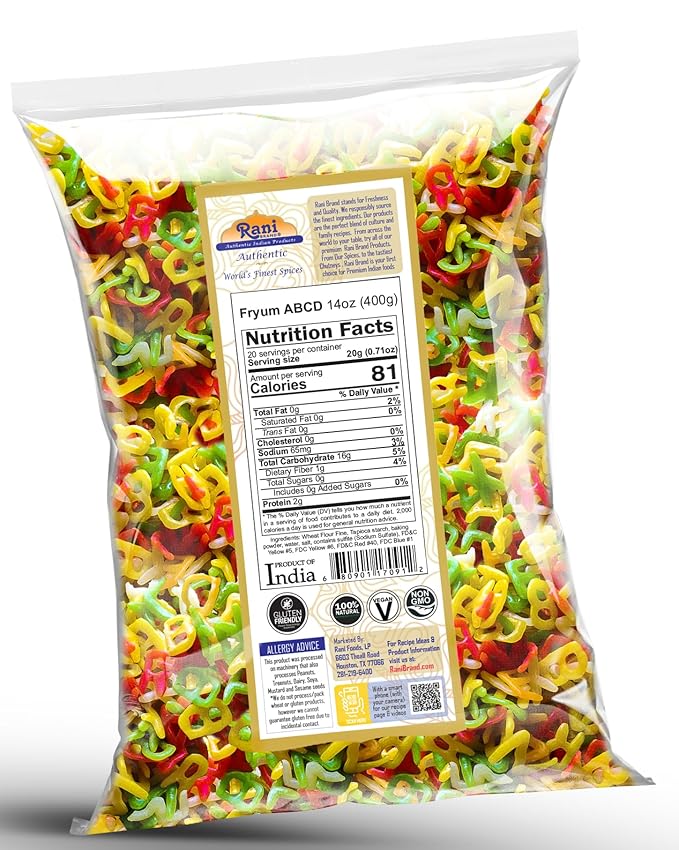 Rani Far Far / Fryums (Wheat & Tapioca Pellet) ABCD Shape 14oz (400g) ~ Vegan, Kosher, Uncooked
