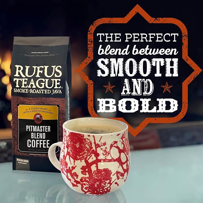 Rufus Teague Pitmaster Blend Ground Coffee, Gourmet Fresh Dark Roasted Coffee, Smoke Roasted Java