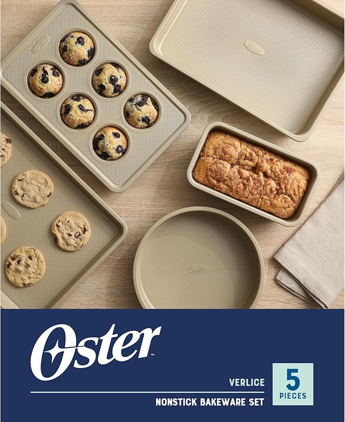 Oster Verlice 5 Piece Carbon Steel Baking Pans Bakeware Set W/Premium PFA Free Nonstick - Champagne