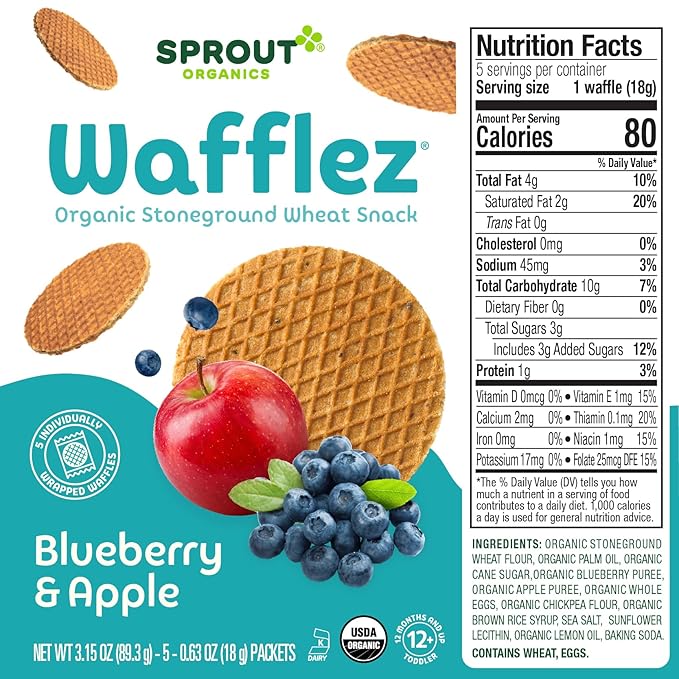Sprout Organic Baby Food, Stage 4 Toddler Snacks, Blueberry Apple Wafflez, Single Serve Waffles 5