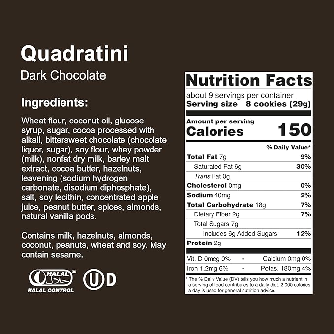 Loacker Quadratini Dark Chocolate Wafer Cookies LARGE - 30% Less Sugar - Premium Crispy Bite Size