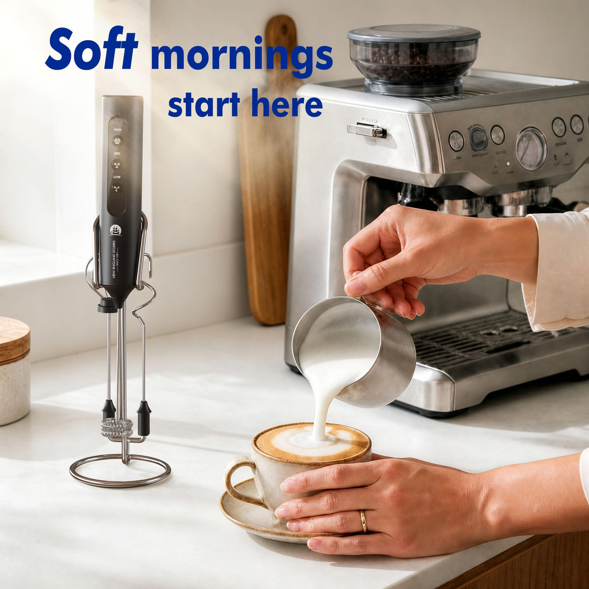 Rechargeable Milk Frother with Stand, 4 Interchangeable Whisks & Travel Case – Handheld Mixer for