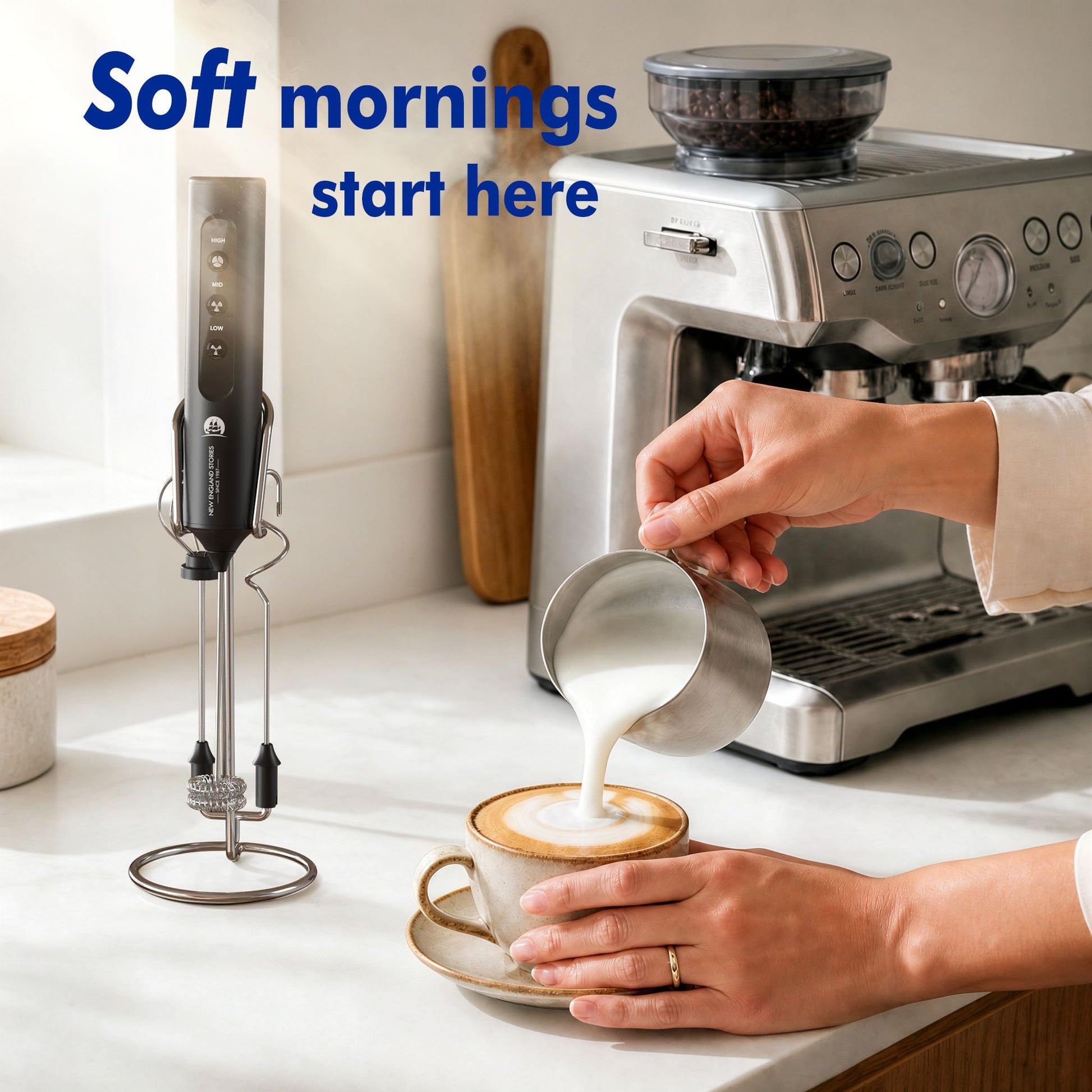 Rechargeable Milk Frother with Stand, 4 Interchangeable Whisks & Travel Case – Handheld Mixer for