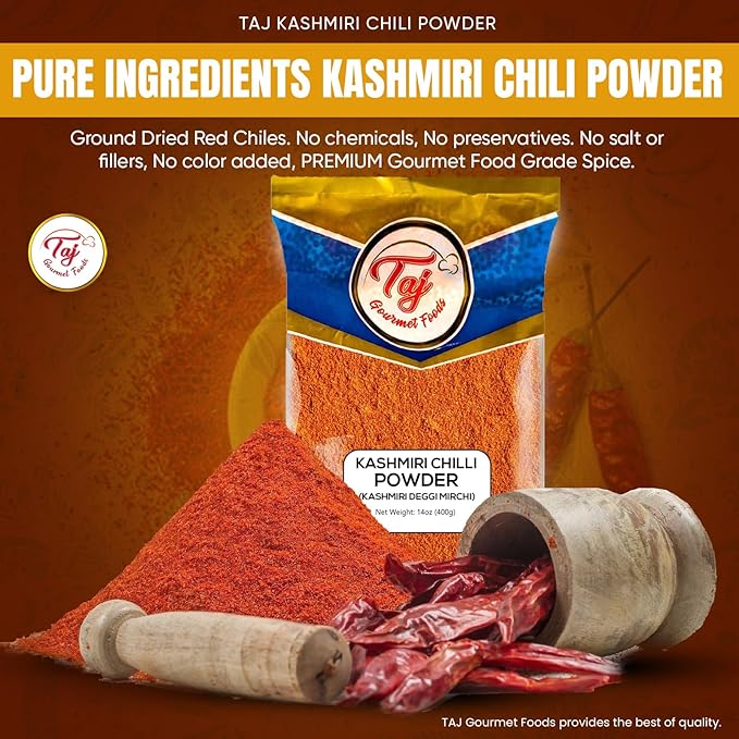 TAJ Kashmiri Chilli Powder | 14oz | Low Heat | Deggi Mirch - Salt Free All Natural