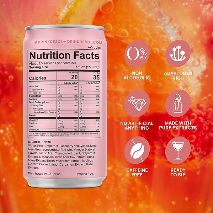 De Soi Très Rosé Mocktails NA Drinks 8 fl oz (12-pack) - Adaptogen Drink, Sparkling Drink with