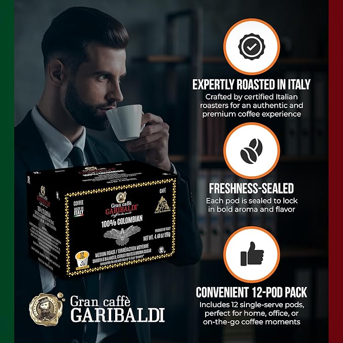 Caffè Garibaldi Colombian Coffee Pods, for Keurig K-Cup Brewers, Single Serve Cups with 100%