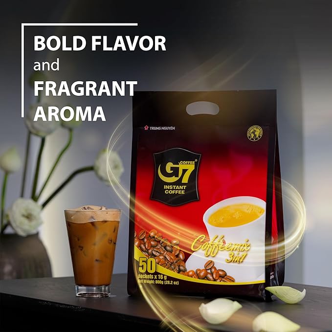 Trung Nguyen G7 Instant Coffee - 3-in-1 Roasted Ground Blend with Creamer & Sugar, Vietnamese