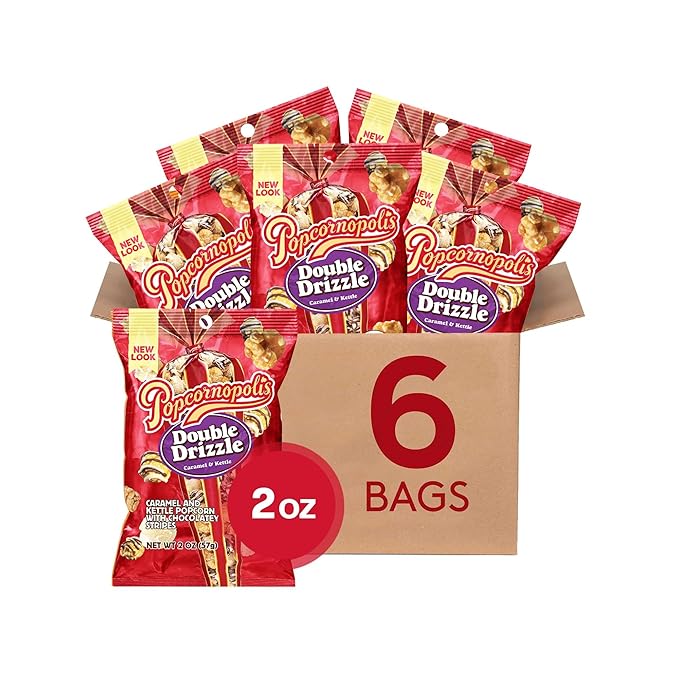 Popcornopolis Double Drizzle 6 ct, 2 oz Case, Caramel and Kettle with Chocolatey Stripes Flavored