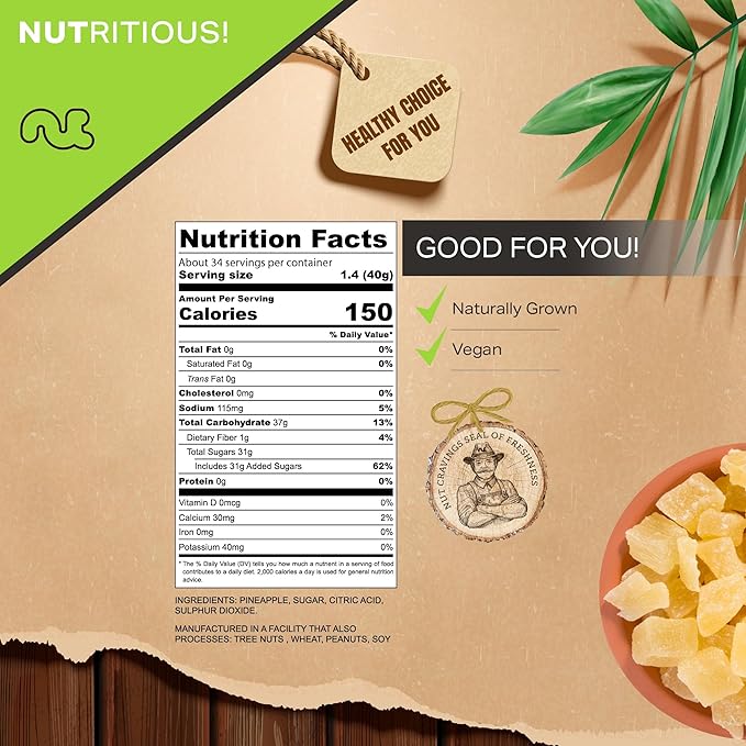 NUT CRAVINGS - Sun Dried Pineapple Chunks, Lightly Sweetened (48oz, 3 LB) Bulk Dry Fruits Packed