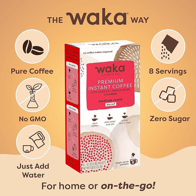 Waka Premium Decaf Instant Coffee Sachets — 100% Arabica Freeze Dried Beans — For Hot or Iced