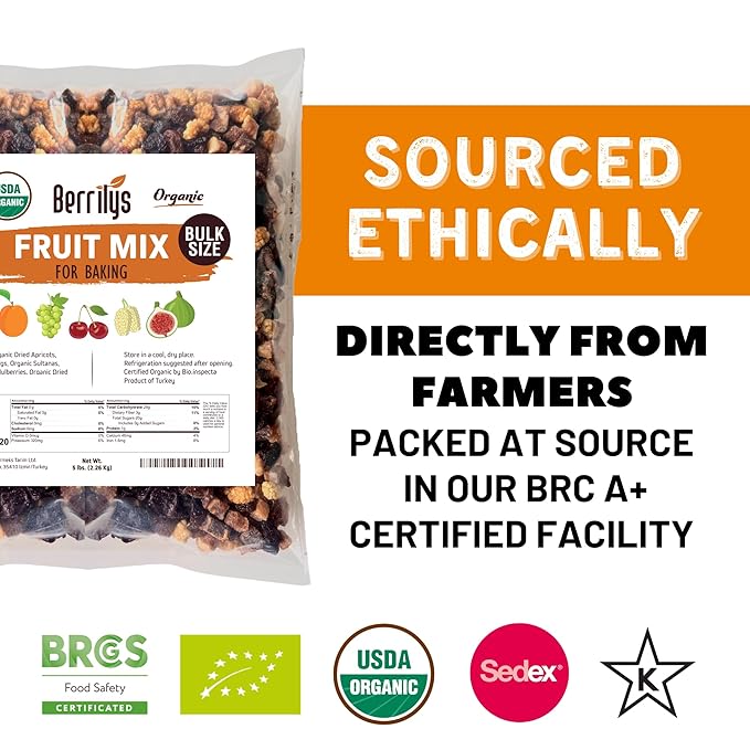 Fruit Mix, Organic, 5 Lbs, Berrilys, Dried Fruits, Diced Figs, Diced Apricots, White Mulberries