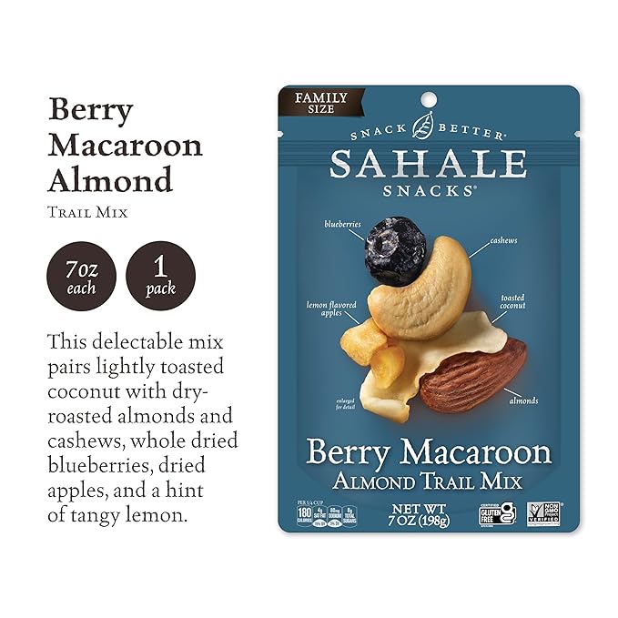 Sahale Snacks Berry Macaroon Almond Trail Mix, 7 oz Pouches (1 Pack) - Dry-Roasted Deluxe Mixed