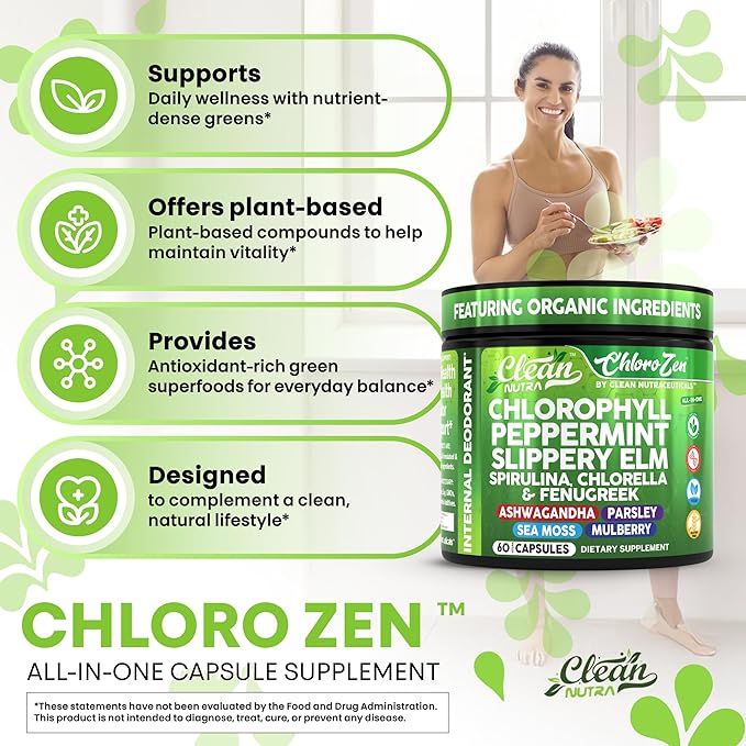 Clean Nutra Chlorophyll Peppermint Slippery Elm Spirulina Chlorella Fenugreek Ashwagandha Sea Moss