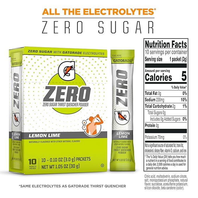 Gatorade G Zero Sports Drink Mix Powder Packets, Lemon Lime, Electrolyte Powder Drink Mix for