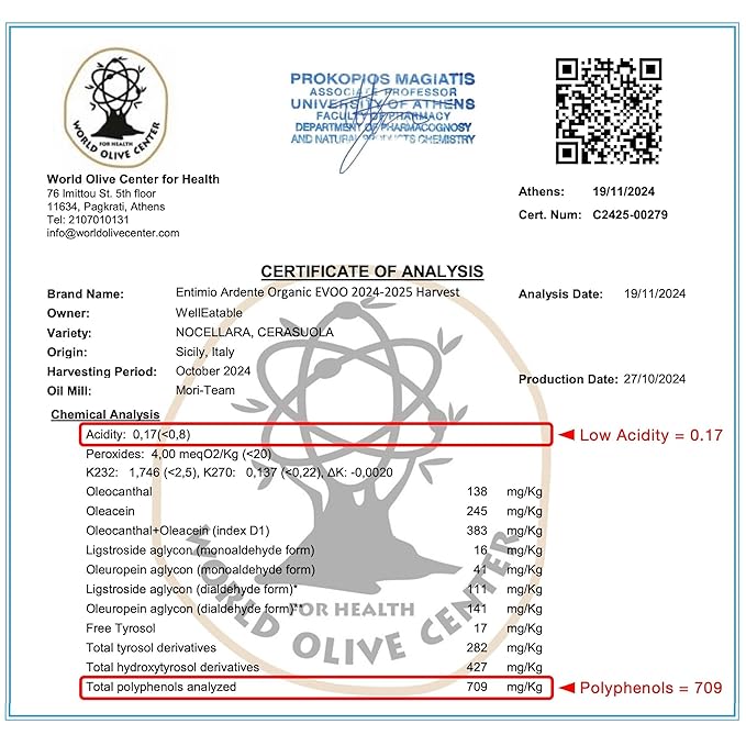 Entimio Ardente +600 mg/kg Polyphenol Rich Organic Extra Virgin Olive Oil, New 2024-2025 Early