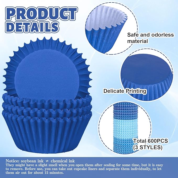 Whaline 600Pcs Blue Cupcake Liners Gradient Blue Baking Cups Holders Cupcake Wrappers Muffin Liners