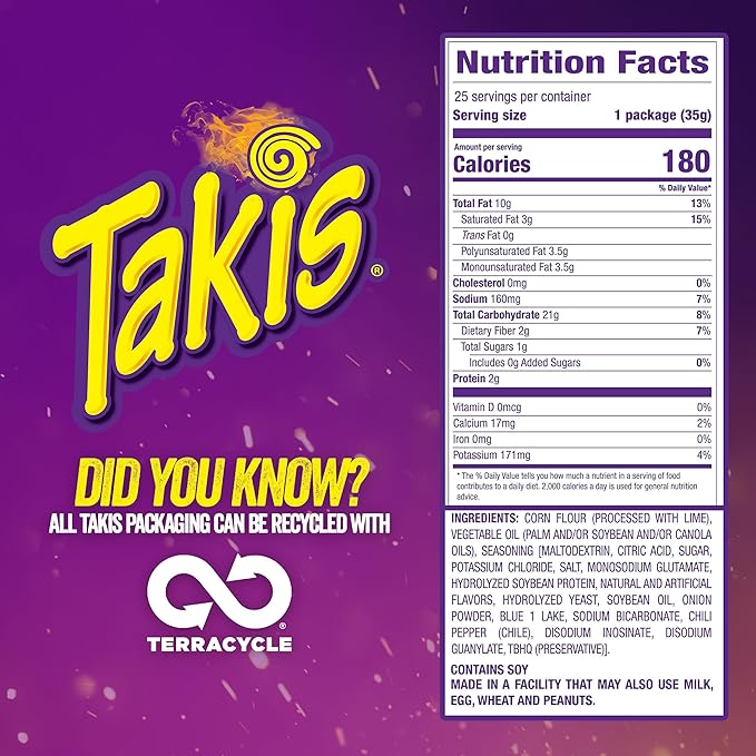 Takis Blue Heat Mini 25 pc / 1.23 oz Bite Size Multipack, Hot Chili Pepper Flavored Extreme Spicy