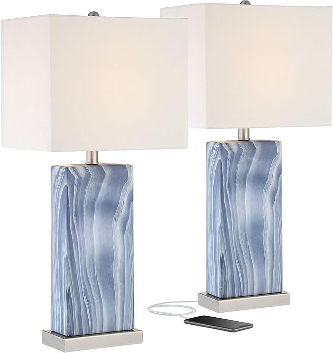 360 Lighting Connie Modern Table Lamps 25" Tall Set of 2 with USB Charging Ports Dimmers Blue Faux