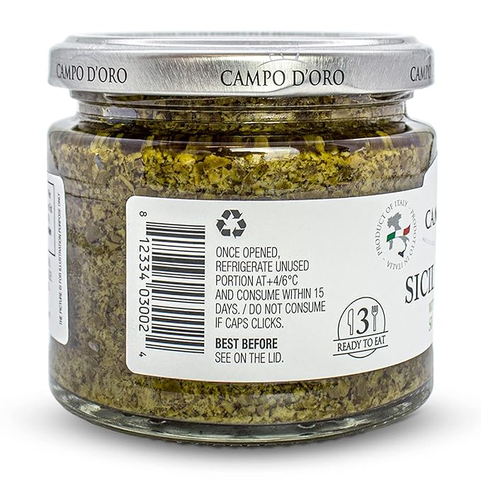 CAMPO D'ORO - Basil Pesto with Pecorino, Sicilian Creamy Pesto Recipe. Net Wt 6.35 oz (180g)