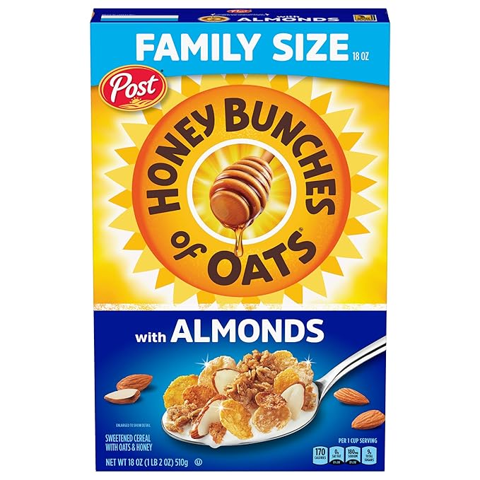 Honey Bunches of Oats with Almonds Breakfast Cereal, Honey Cereal with Granola Clusters and Sliced