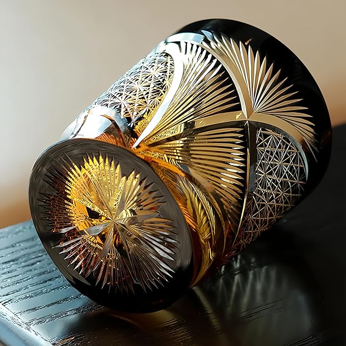 Hand-Carved Crystal Sake Glass with Gold Accents, Traditional Japanese Whiskey Cup, Luxury Amber