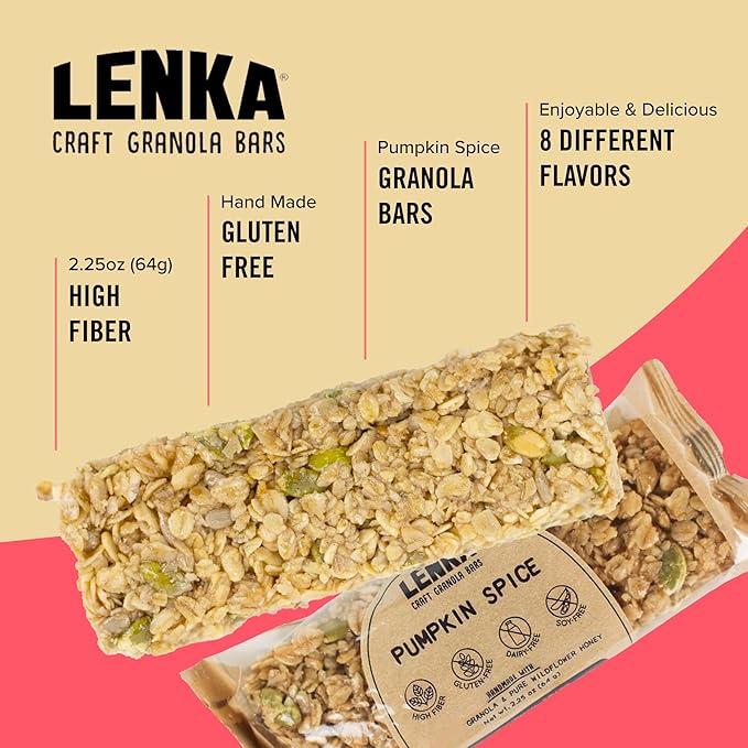 Lenka Bars - Pumpkin Spice Snack Bars, Gluten Free, High Fiber, Kosher, Wholesome, No Artificial