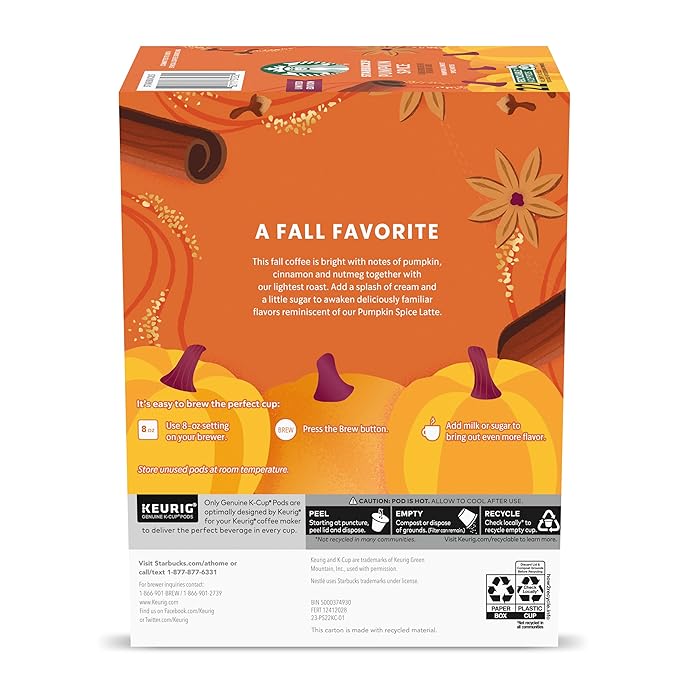 Starbucks K-Cup Coffee Pods, Pumpkin Spice Flavored for Keurig Coffee Makers, 100% Arabica, Limited