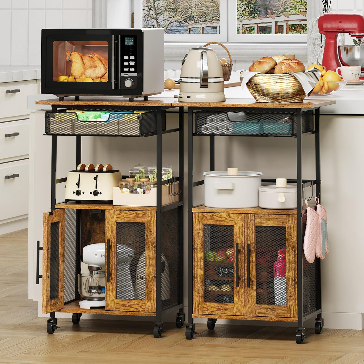 3 Tier Slim Rolling Coffee Cart with 2-Door & Pull-Out Wire Basket Drawer, Coffee Bar Cabinet on