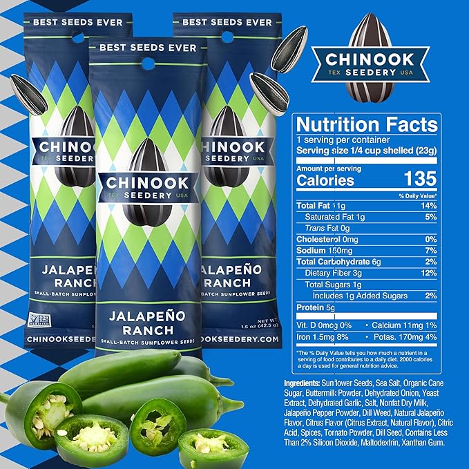 Chinook Seedery Roasted Sunflower Seeds to Eat - 1.5 oz (Pack of 36) Jalapeno Ranch - Jumbo Low