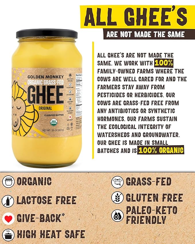 GOLDEN MONKEY Organic Ghee Butter ??Grass Fed Clarified Butter for Cooking, Baking, Keto & Gut