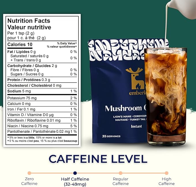 Emberk Organic Instant Mushroom Coffee - 35 Servings of Arabica Coffee with Six 100% Fruiting Body