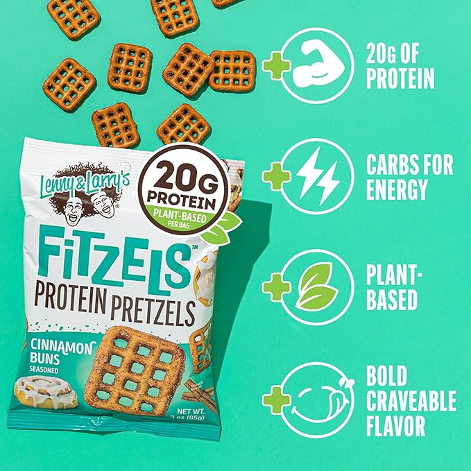 Lenny & Larry's FITZELS Protein Pretzels (Cinnamon Buns) 8 Individual Bags 3 oz Each – High Protein